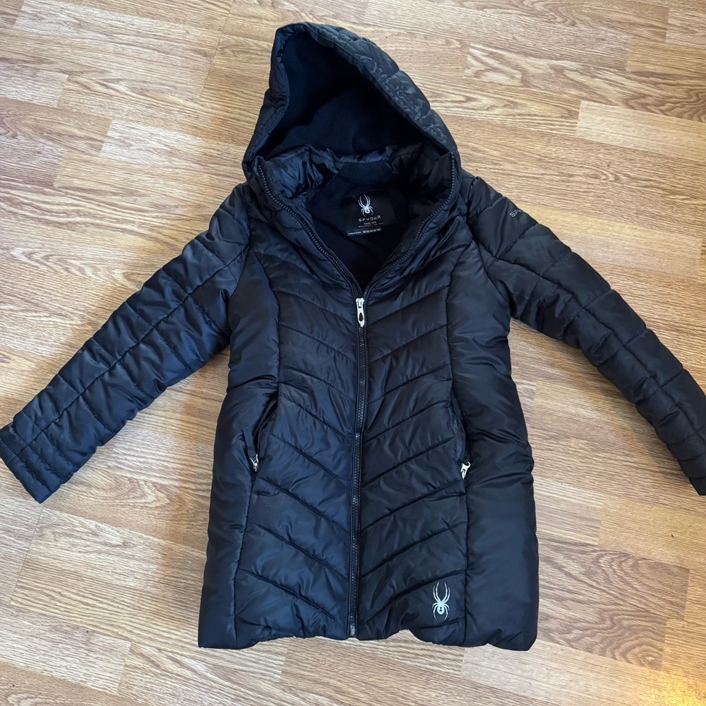 Girls long Spyder hooded puffer jacket, black, size M 8/10, like new.